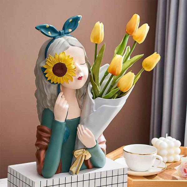 Decorative art-craft of sun flower girl with flower stand to decorate homes and shops
