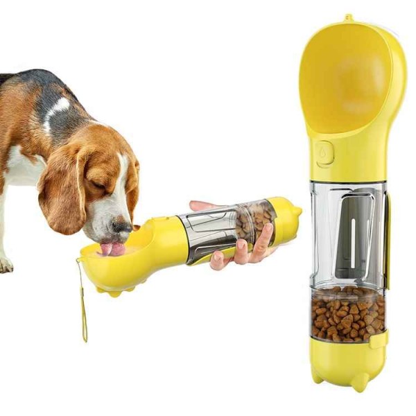 Multifunctional dog feeder for feeding with water cup and can put garbage bag to collect wastes