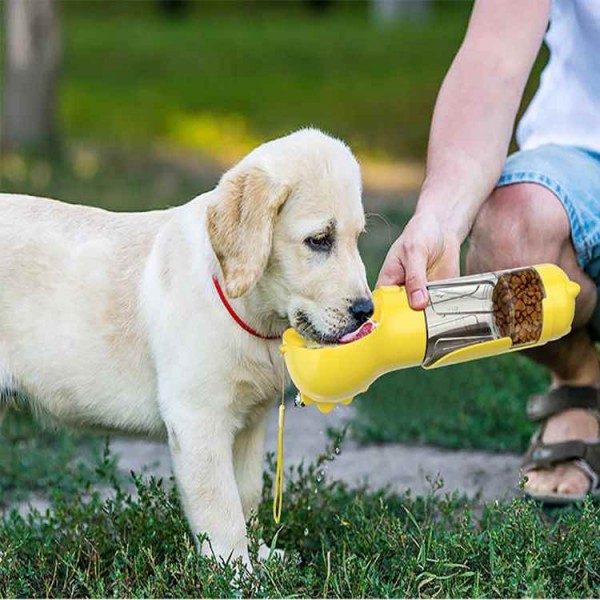 Multifunctional dog feeder for feeding with water cup and can put garbage bag to collect wastes