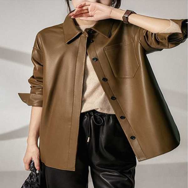 PU Leather Jacket Women's Autumn New Style Brown color