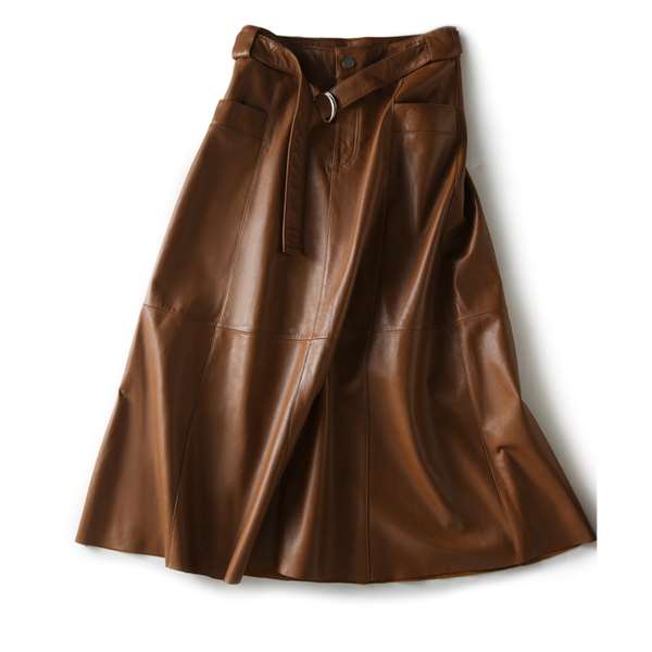 PU Leather high waist skirt, thin and sagging mid-length pu Brown color skirt