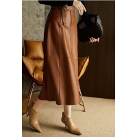 PU Leather high waist skirt, thin and sagging mid-length pu Brown color skirt