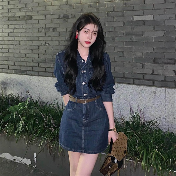 women's Korean style jeans short skirt dress long sleeve-1
