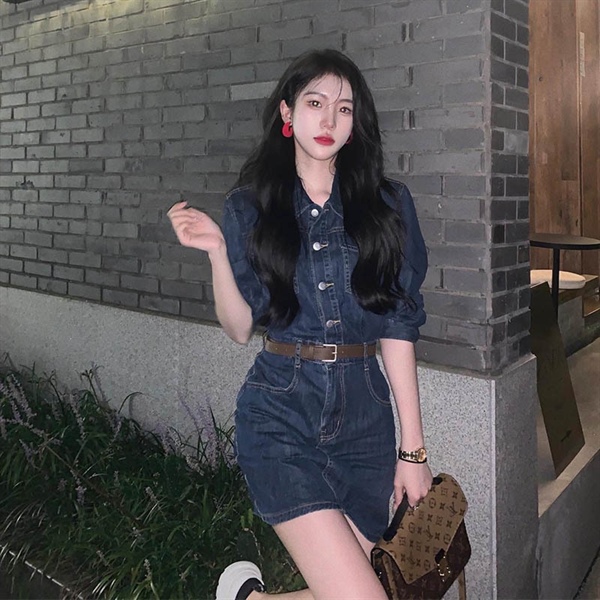 women's Korean style jeans short skirt dress long sleeve-1