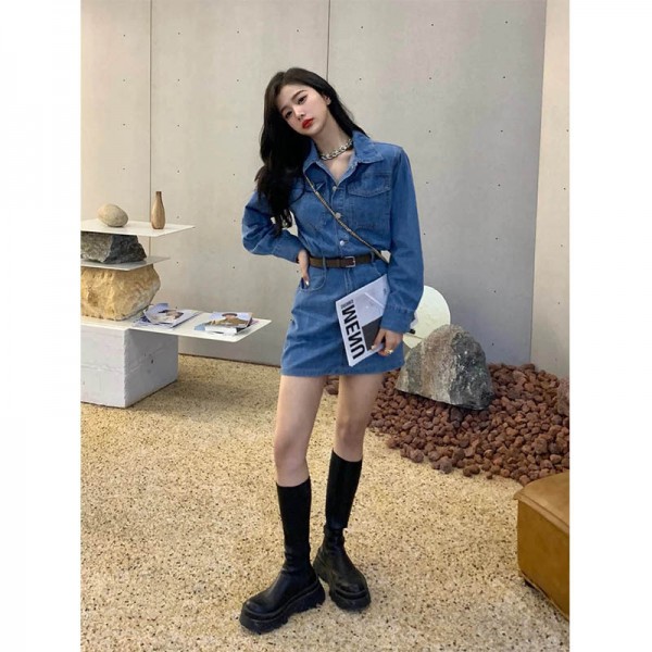 women's Korean style jeans short skirt dress long sleeve-2