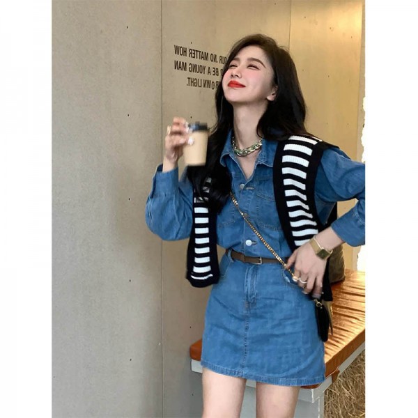 women's Korean style jeans short skirt dress long sleeve-2