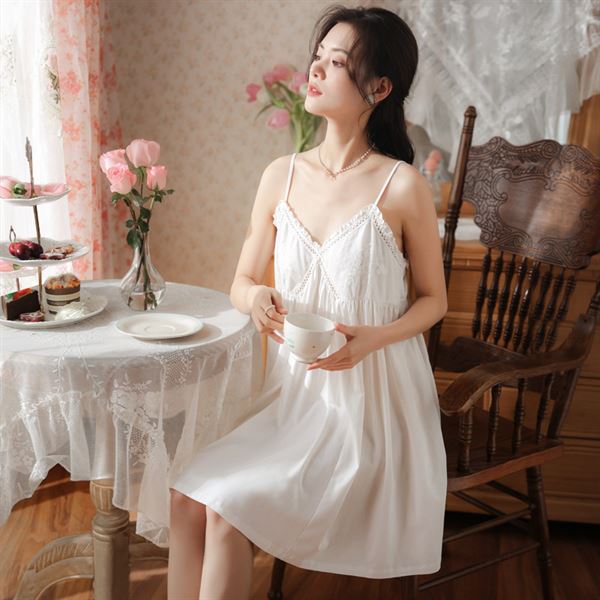 Pajama nightdress women's white short sleep dress with strap WFWC019