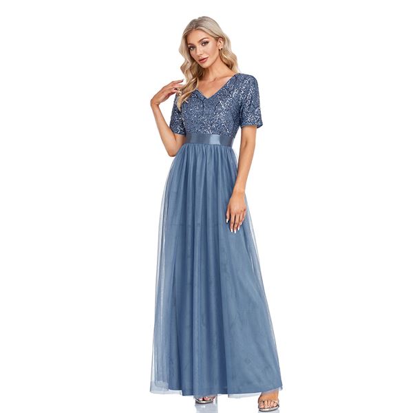 Women with short sleeve V-neck blue evening dress wfwc031