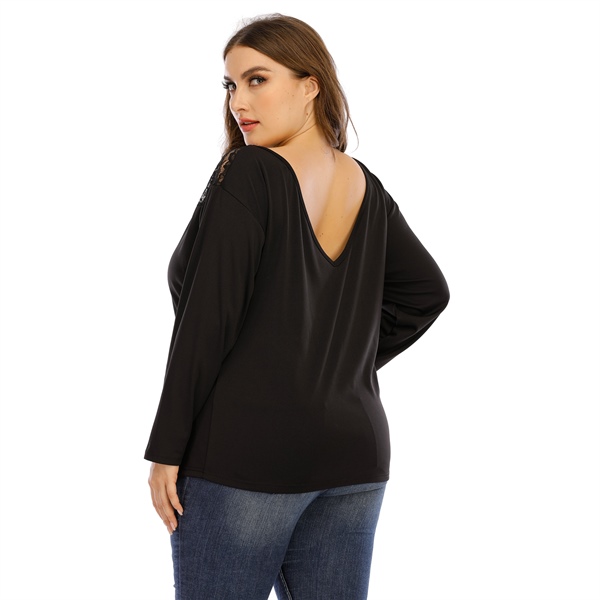 large size women's V backless lace T-shirt  long sleeves WFWC061