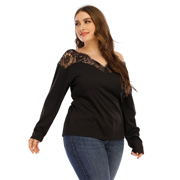 large size women's V backless lace T-shirt  long sleeves WFWC061