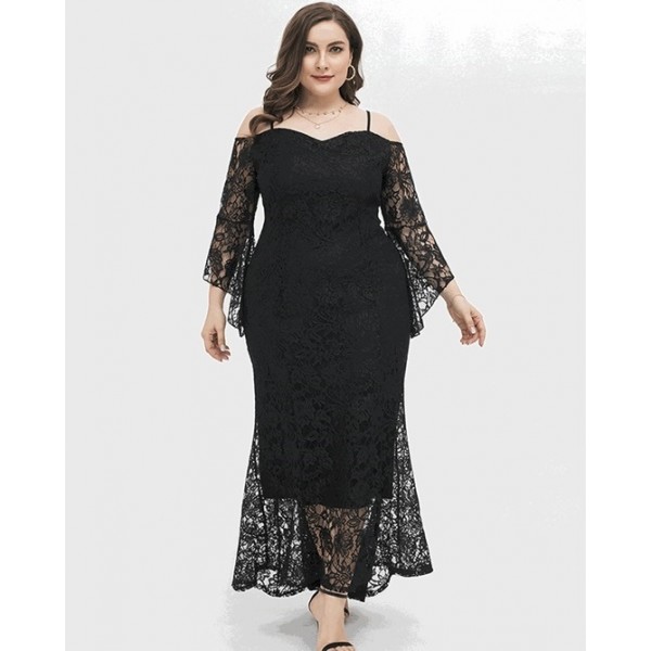 Plus-size lace mesh elegant long dress WFWC065