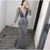 Women's Sexy Tassel Sequins Maxi Dress Elegant Deep V Neck Long Sleeve Glitter Fishtail Dresses WFWC069