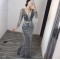 Women's Sexy Tassel Sequins Maxi Dress Elegant Deep V Neck Long Sleeve Glitter Fishtail Dresses WFWC069