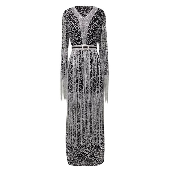Women's Sexy Tassel Sequins Maxi Dress Elegant Deep V Neck Long Sleeve Glitter Fishtail Dresses WFWC069