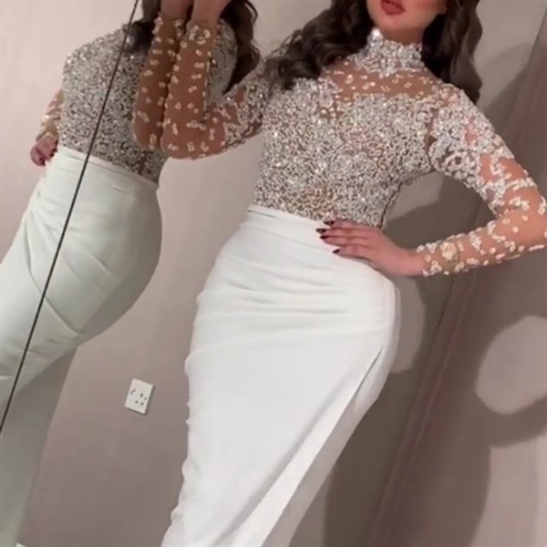 Women's Sexy Sequins Maxi Elegant high Neck Long Sleeve Glitter Dresses WFWC070