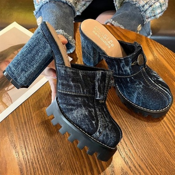 Women's Blue denim jeans cloth sandal and slipper outdoor wear high heels WFWS003