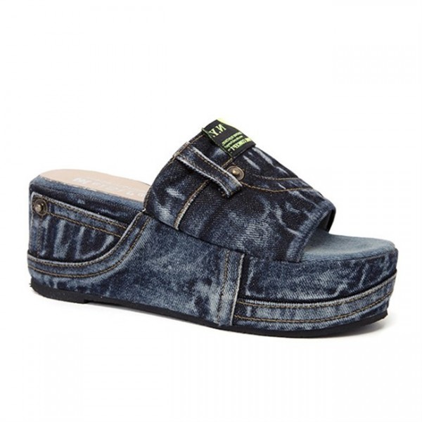 Women's Blue denim jeans cloth sandal and slipper outdoor wear high heels WFWS004