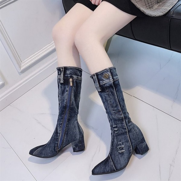 Women Casual Side Zipper Chunky Heel Denim Jean Cloth Boots WFWS005