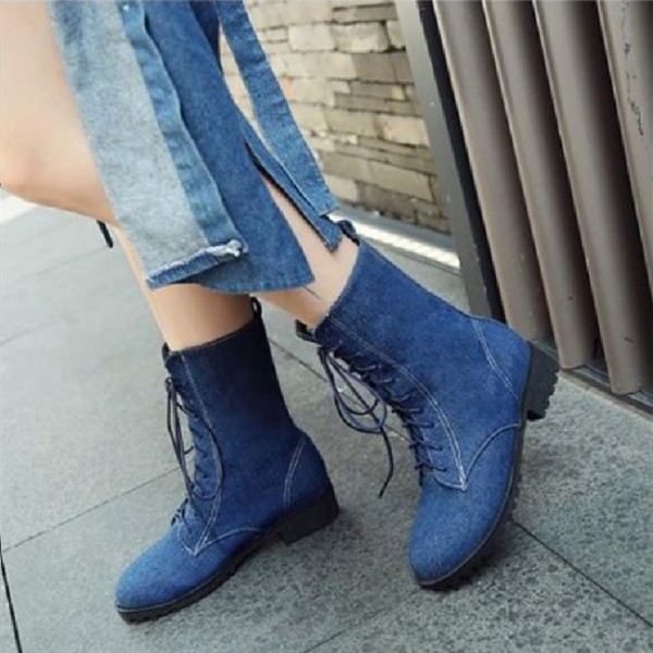 Women Jean Boot Denim Ankle Boots Lace Casual Shoes Plus Size WFWS006