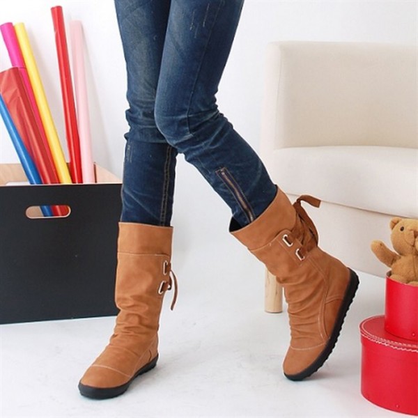 Women Mid Boot Heel Lace-Up straps Mid-Tube Rider Boots Shoes WFWS007