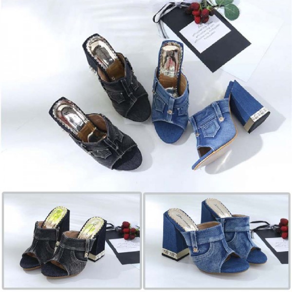 Women's Blue denim jeans cloth sandal and slipper outdoor wear high heels WFWS008