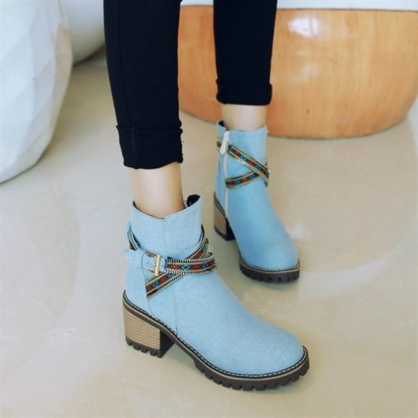 Women Jean Boot Denim Ankle Boots belt buckle Casual Shoes Plus Size WFWS009