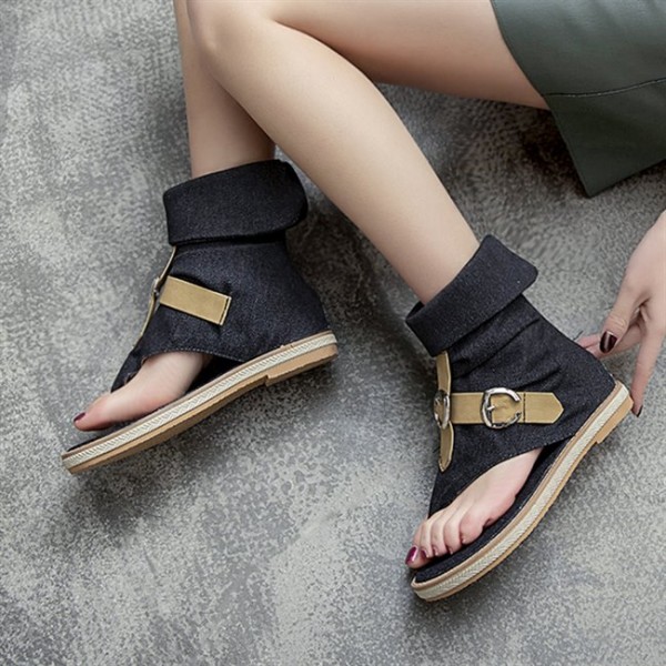 Denim Flip-flop Flat Sandals with Buckles for Women WFWS010