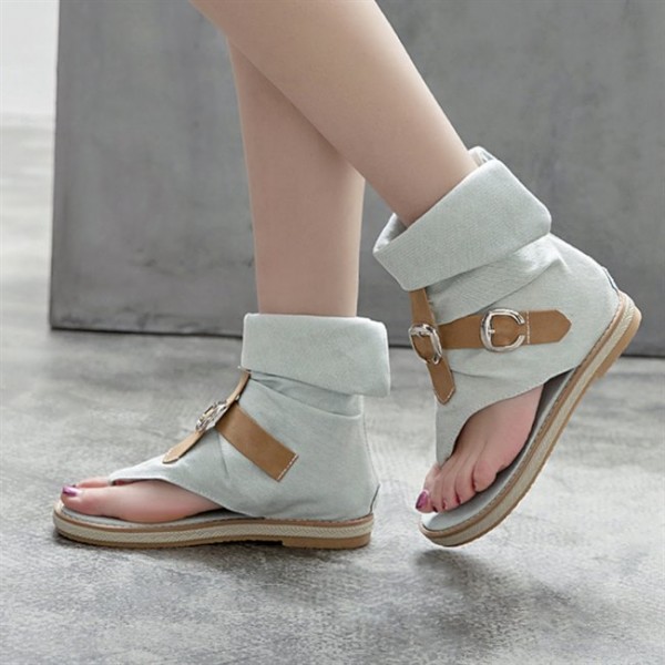 Denim Flip-flop Flat Sandals with Buckles for Women WFWS010