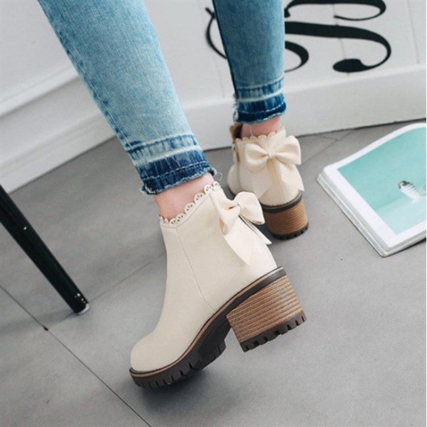 Women's Ankle Classic Boots Round Toe Back Bow knot High Heels Shoe WFWS011