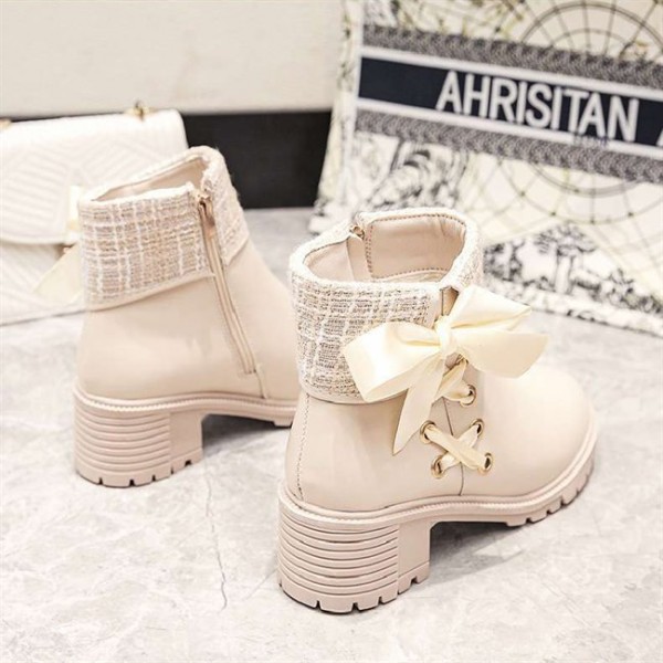 Women's Ankle Classic Boots Round Toe Strap Side Ribbon Tie High Heels Shoe WFWS012