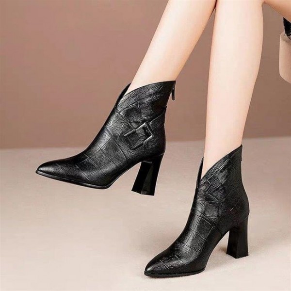  Women's High-heeled soft leather short ankle boots thick heel WFWS013