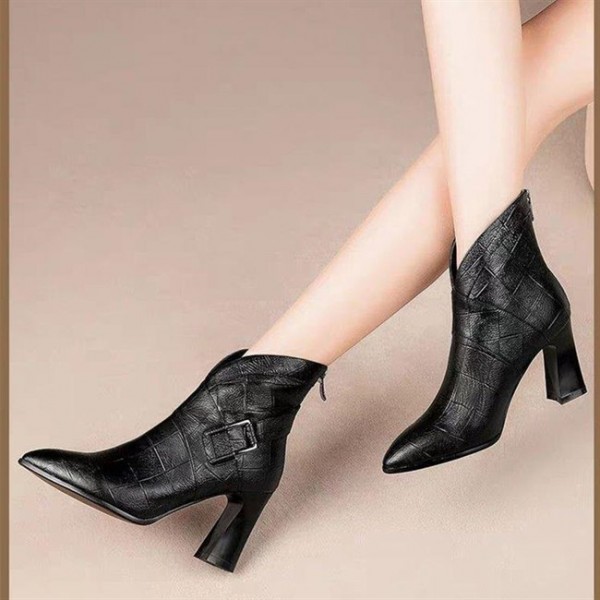  Women's High-heeled soft leather short ankle boots thick heel WFWS013