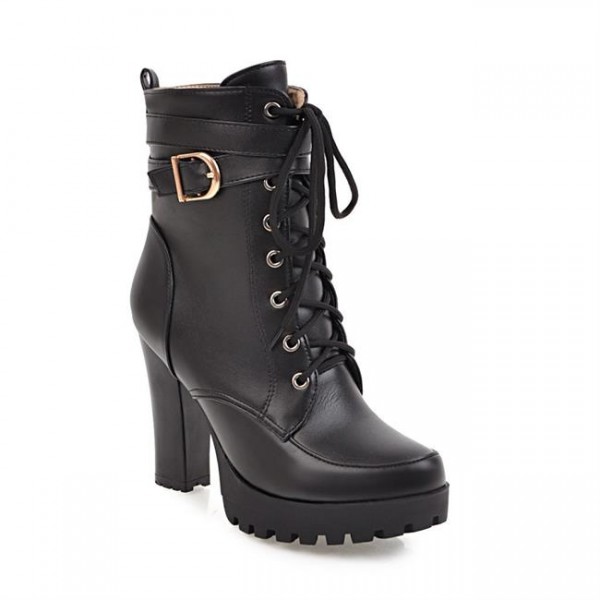 women's boots winter high-heels thick-heel Lace side zipper round toe Ankle Boots WFWS017