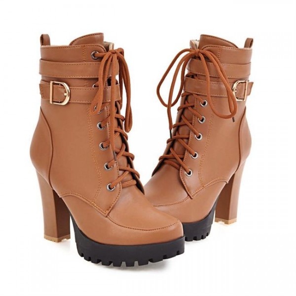 women's boots winter high-heels thick-heel Lace side zipper round toe Ankle Boots WFWS017